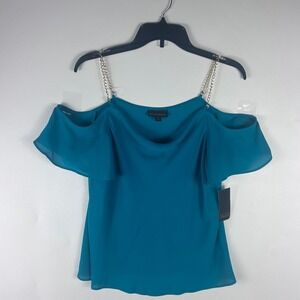 Bold Elements Polynesian Blue Cold Shoulder Blouse Gold Chain Straps Small NWT